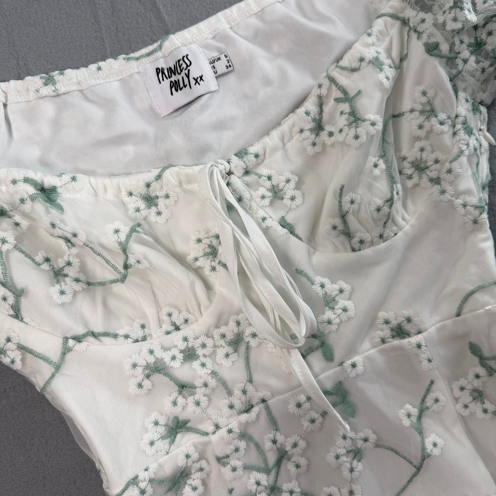 Princess Polly Cottagecore Dress Womens 2 White Green Floral Embroidered Mesh - Picture 8 of 8